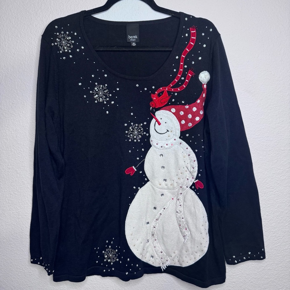 Berek Studio Sweater Womens 1XL Snowman Sequin Beaded Sequin Holiday Christmas